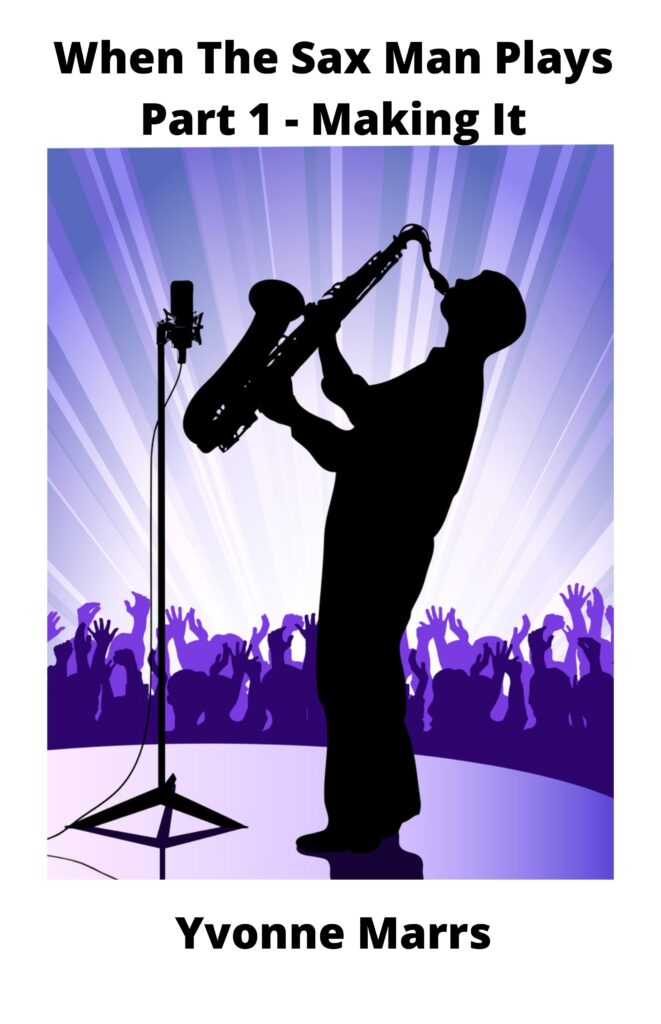 Silhouette of a saxophone player on stage playing, with a silhouetted crowd at his feet.