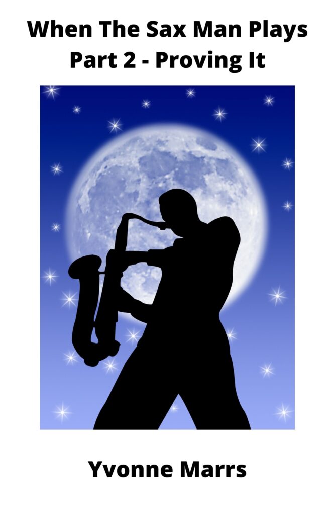 Against a background of stars and a huge moon in the sky, there's a saxophone player in silhouette.