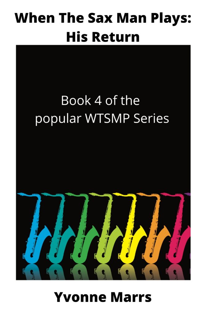 Multicolour saxophone images in a row across the whole page, black background, with title and author name.