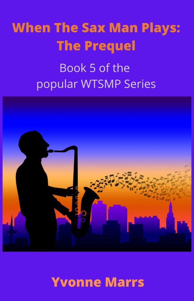 Silhouette of a saxophone player and noises visibly coming from the instrument, set against a cityscape also in silhouette.