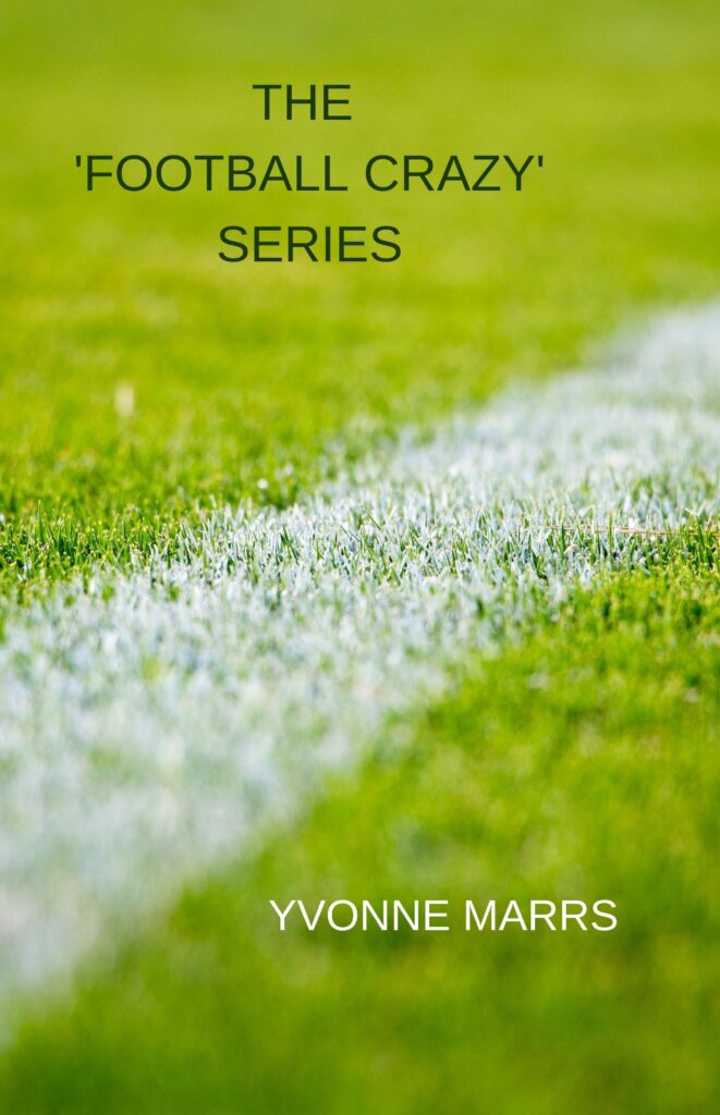 Simply the outside painted white line of a grass football pitch, with the title and author name.