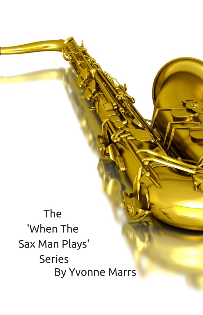 Photo of a golden shiny saxophone filling the frame, and the title and author name